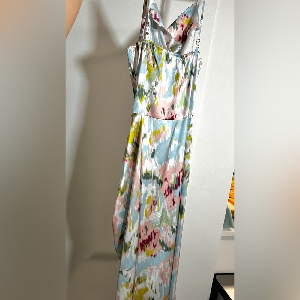 Illusion Floral Ruched Cowl Neck Midi Dress | Size XS - Picture 4 of 8